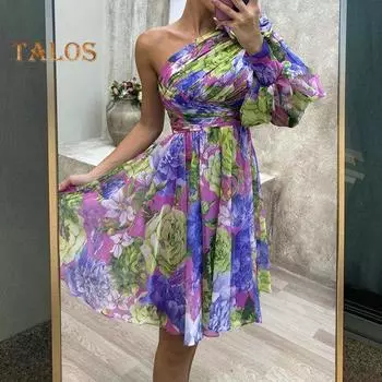 Женское вечернее платье на одно плечо с открытой спиной, красочный галстук-краситель, с длинным рукавом, цветочный декор, плиссированное, до колена, с наклонной шеей, бальное платье, вечерние, банкетный L фиолетовый
