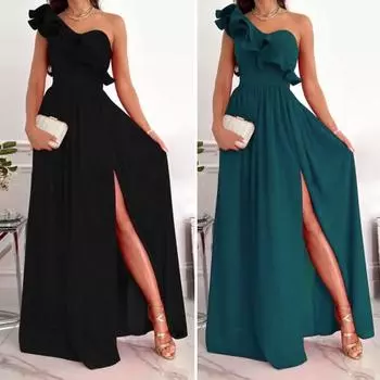 Женское вечернее платье на одно плечо с рюшами и плиссировкой с высокой талией, однотонное трапециевидное платье без рукавов с большим подолом, коктейльное вечернее платье макси, бальное M зелёный