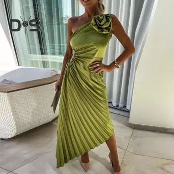 Женское вечернее платье на одно плечо, плиссированное с цветочным декором, с открытой спиной, без рукавов, с нерегулярным подолом, для коктейльной вечеринки, свадьбы, миди, платье L чёрный