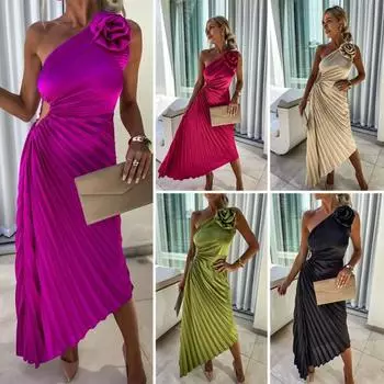 Женское вечернее платье на одно плечо, плиссированное с цветочным декором, с открытой спиной, без рукавов, с нерегулярным подолом, для коктейльной вечеринки, свадьбы, миди, платье XL