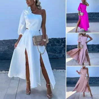 Женское вечернее платье на одно плечо, одна половина рукава, декор розы, с открытой спиной, сплошной цвет, молния сзади, боковой разрез, высокая талия, ажурное платье макси для выпускного вечера L розы красного