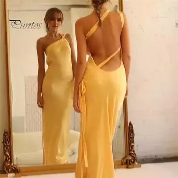 Женское вечернее платье на одно плечо на шнуровке Slim Fit сплошной цвет с открытой спиной и бантом с наклонной шеей для выпускного вечера коктейльное платье макси S жёлтый