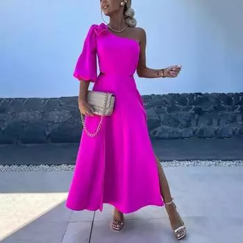 Женское вечернее платье на одно плечо, одна половина рукава, декор розы, с открытой спиной, сплошной цвет, молния сзади, боковой разрез, высокая талия, ажурное платье макси для выпускного вечера XL абрикосовый