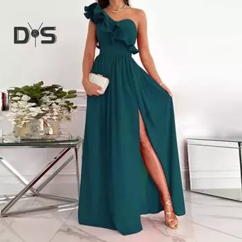 Женское вечернее платье на одно плечо с рюшами и плиссировкой с высокой талией, однотонное трапециевидное платье без рукавов с большим подолом для выпускного вечера, коктейльное платье макси, бальное платье S зелёный