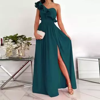 Женское вечернее платье на одно плечо с рюшами и плиссировкой с высокой талией, однотонное трапециевидное платье без рукавов с большим подолом для выпускного вечера, коктейльное платье макси, бальное платье S зелёный