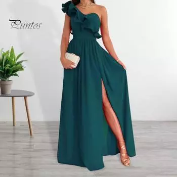 Женское вечернее платье на одно плечо с рюшами и плиссировкой с высокой талией, однотонное трапециевидное платье без рукавов с большим подолом для выпускного вечера, коктейльное платье макси, бальное платье S зелёный