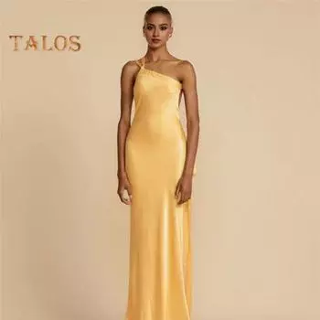 Женское вечернее платье на одно плечо на шнуровке Slim Fit сплошной цвет с открытой спиной и бантом с наклонной шеей для выпускного вечера коктейльное платье макси S жёлтый