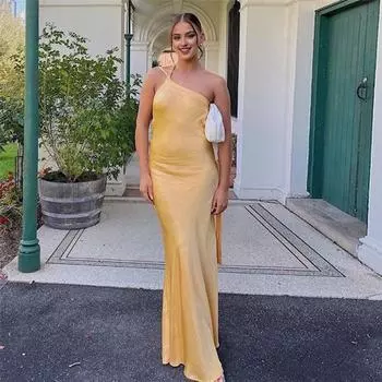 Женское вечернее платье на одно плечо на шнуровке, облегающее однотонное однотонное платье с открытой спиной, бантом и вырезом для выпускного, коктейльная вечеринка, макси S жёлтый