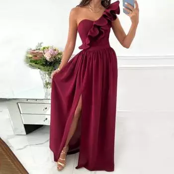 Женское вечернее платье на одно плечо без рукавов с разрезом по низу, однотонное, с оборками, плиссированное, однотонное, с открытыми плечами, коктейльное, вечернее, макси-платье, бальное платье L белый