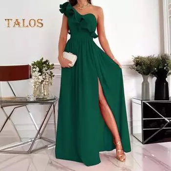 Женское вечернее платье на одно плечо без рукавов с разрезом по низу, однотонное, с оборками, плиссированное, однотонное, с открытыми плечами, коктейльное, вечернее, макси-платье, бальное платье L белый