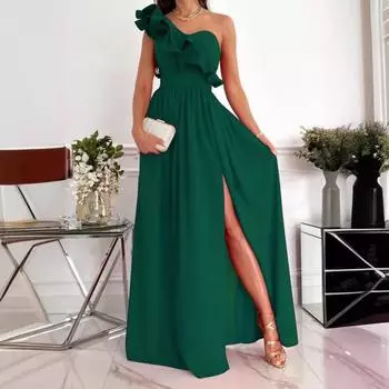 Женское вечернее платье на одно плечо без рукавов с разрезом по низу, однотонное, с оборками, плиссированное XXL вино красного