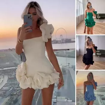 Женское вечернее платье на одно плечо с оборками и цветочным декором, облегающее, без рукавов, чистое S чёрный