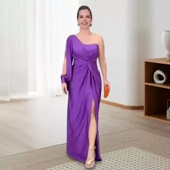 Женское вечернее платье на одно плечо с открытым рукавом, разрезом по низу, однотонное, с тонкой талией, плиссированное, с узлом, однотонное, коктейльное, вечернее, макси-платье для бального вечера S