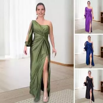 Женское вечернее платье на одно плечо с открытым рукавом и разрезом по низу, однотонное, облегающее S темно-зеленого
