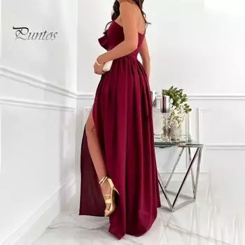 Женское вечернее платье на одно плечо без рукавов с разрезом по низу, однотонное, с оборками, плиссированное, однотонное, с открытыми плечами, коктейльное, вечернее, макси-платье, бальное платье L вино красного