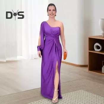 Женское вечернее платье на одно плечо с открытым рукавом, разрезом по низу, однотонное, с тонкой талией, плиссированное, с узлом, однотонное, коктейльное, вечернее платье макси S чёрный