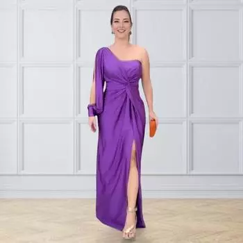 Женское вечернее платье на одно плечо без рукавов с разрезом по низу, однотонное, с заниженной талией, со складками S темно-зеленого