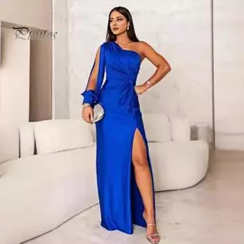 Женское вечернее платье на одно плечо без рукавов с разрезом по низу, однотонное, с заниженной талией, плиссированное, однотонное, с открытыми плечами, коктейльное, вечернее, макси-платье, бальное платье S небесно-голубой