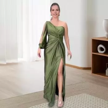 Женское вечернее платье на одно плечо с открытым рукавом, разрезом по низу, однотонное, с тонкой талией, плиссированное, с узлом, однотонное, коктейльное, вечернее платье макси S
