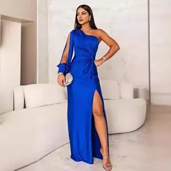 Женское вечернее платье на одно плечо без рукавов с разрезом по низу, однотонное, с заниженной талией, плиссированное, однотонное, с открытыми плечами, коктейльное, вечернее, макси-платье, бальное платье S