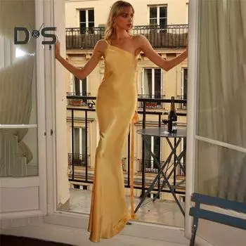 Женское вечернее платье на одно плечо на шнуровке Slim Fit сплошной цвет с открытой спиной и бантом с наклонной шеей для выпускного вечера коктейльное платье макси S жёлтый