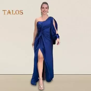 Женское вечернее платье на одно плечо с открытым рукавом, разрезом по низу, однотонное, с тонкой талией, плиссированное, с узлом, однотонное, коктейльное, вечернее платье макси S темно-синий