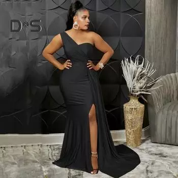 Женское вечернее платье на одно плечо без рукавов с разрезом по низу, однотонное плиссированное однотонное платье для выпускного вечера, коктейльное платье макси, бальное платье S чёрный