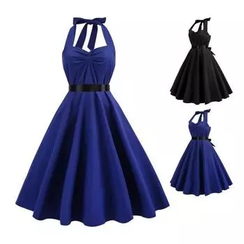 Женское вечернее платье на шнуровке с бретелькой на шее А-силуэта с большой открытой спиной и открытыми плечами без рукавов Сплошной цвет Ретро Коктейльная вечеринка Свадебное платье миди 2XL синий