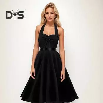 Женское вечернее платье на шнуровке с бретелькой на шее А-силуэта с большой открытой спиной и открытыми плечами без рукавов Сплошной цвет Ретро Коктейльная вечеринка Свадебное платье миди 2XL синий