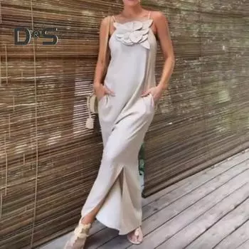 Женское вечернее платье на тонких бретельках с 3D цветочным декором, сплошное цветное платье без рукавов с открытой спиной и боковыми разрезами на бретельках, платье для выпускного вечера, пляжное платье макси S красный