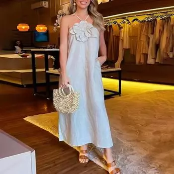 Женское вечернее платье на тонких бретельках с 3D цветочным декором, сплошное цветное платье без рукавов с открытой спиной и боковыми разрезами на бретельках, платье для выпускного вечера, пляжное платье макси S красный