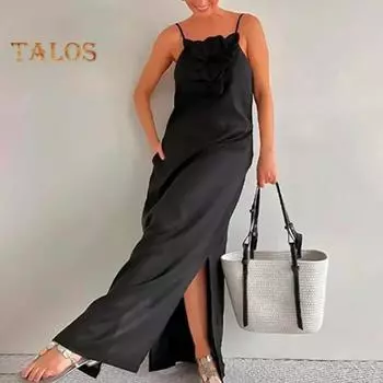 Женское вечернее платье на тонких бретельках с 3D цветочным декором, сплошное цветное платье без рукавов с открытой спиной и боковыми разрезами на бретельках, платье для выпускного вечера, пляжное платье макси S красный