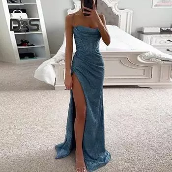 Женское вечернее платье на тонких бретельках с блестками, без рукавов, с открытыми плечами, с глубоким вырезом, с высоким разрезом, свободное, с высокой талией, длиной до пола, женское выпускное платье M серебряный