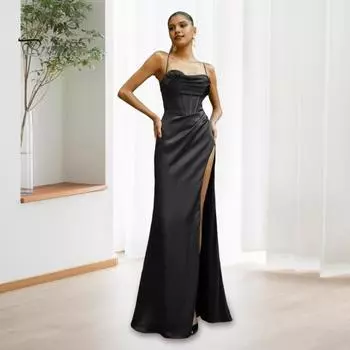 Женское вечернее платье на тонких бретельках с глубоким вырезом и открытыми плечами, без рукавов, с разрезом по низу, плиссированное макси-платье из атласа, свадебное банкетное бальное платье S красный