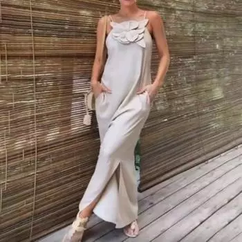 Женское вечернее платье на тонких бретельках с 3D цветочным декором, сплошное цветное платье без рукавов с открытой спиной и боковыми разрезами на бретельках, платье для выпускного вечера, пляжное платье макси S красный