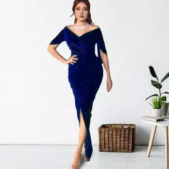 Женское вечернее платье облегающее плиссированное с открытыми плечами разрез подол рукава половина годового S зелёный