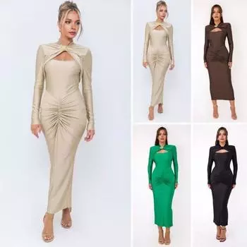 Женское вечернее платье, облегающее, с металлической пряжкой, эластичное, чистого цвета, миди-платье с длинным рукавом, выпускное платье для вечеринки S чёрный