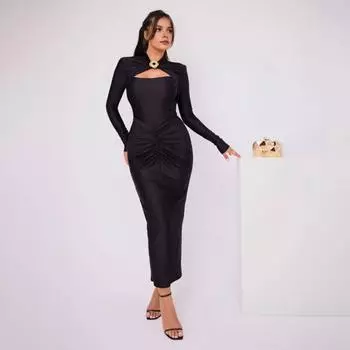 Женское вечернее платье, облегающее, с металлической пряжкой, эластичное, чистого цвета, миди-платье с длинным рукавом, выпускное платье для вечеринки S абрикосовый