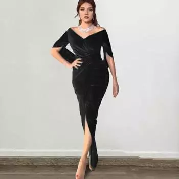 Женское вечернее платье, обтягивающее, плиссированное, с открытыми плечами, разрезом, рукавами до локтя, для ежегодного симпозиума, свадьбы, выпускного вечера, макси-платья, бальное платье S зелёный