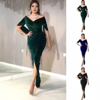 Женское вечернее платье, обтягивающее, плиссированное, с открытыми плечами, разрезом, рукавами до локтя, для ежегодного симпозиума, свадьбы, выпускного вечера, макси-платья, бальное платье S зелёный