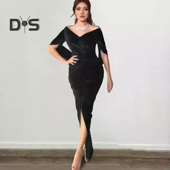 Женское вечернее платье, обтягивающее, плиссированное, с открытыми плечами, разрезом, рукавами до локтя, для ежегодного симпозиума, свадьбы, выпускного вечера, макси-платья, бальное платье S чёрный