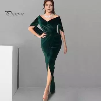 Женское вечернее платье, обтягивающее, плиссированное, с открытыми плечами, разрезом, рукавами до локтя, для ежегодного симпозиума, свадьбы, выпускного вечера, макси-платья, бальное платье S чёрный