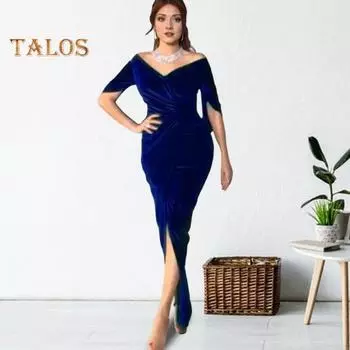 Женское вечернее платье, обтягивающее, плиссированное, с открытыми плечами, разрезом, рукавами до локтя, для ежегодного симпозиума, свадьбы, выпускного вечера, макси-платья, бальное платье S зелёный