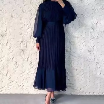 Женское вечернее платье Плиссированное А-силуэт Длинные рукава-фонарики Плиссированное прозрачное сетчатое платье-стойка с узкой талией и оборками в стиле пэчворк Макси-платье 2XL чёрный