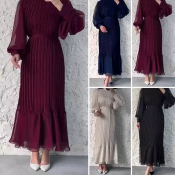 Женское вечернее платье плиссированное А-силуэта с длинными рукавами-фонариками, плиссированное прозрачное сетчатое платье-стойка L чёрный