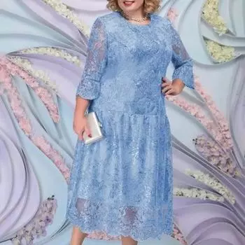 Женское вечернее платье прозрачное кружево большого размера двухслойное платье с рукавами три четверти с вышивкой в стиле пэчворк однотонное платье миди для выпускного вечера 5XL небесно-голубой
