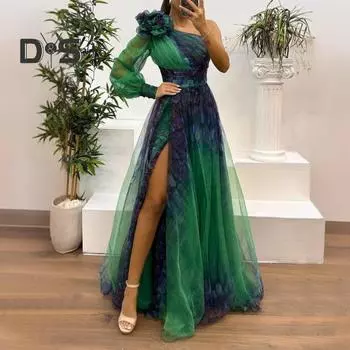 Женское вечернее платье с 3D-цветочным декором на одно плечо, плиссированное, сетчатое, банкетное платье, одно плечо, длинный рукав, тонкая талия, А-силуэт, длина до пола, разрез, подол, шар S розовый