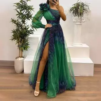 Женское вечернее платье с 3D-цветочным декором на одно плечо, плиссированное, сетчатое, банкетное платье, одинарный длинный рукав, тонкая талия, А-силуэт, длина до пола, разрез по низу M