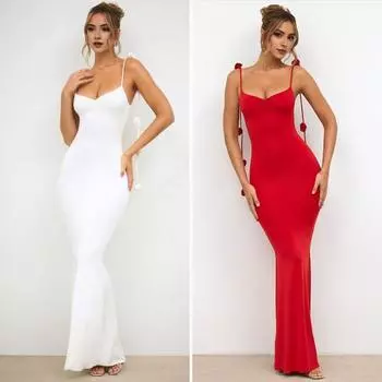 Женское вечернее платье с 3D-узором в виде розы, на тонких бретельках, без рукавов, с V-образным вырезом, облегающее коктейльное платье макси, женское банкетное свадебное платье макси S красный