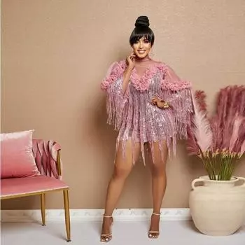 Женское вечернее платье с бахромой и пайетками, платье с коротким рукавом, женственное вечернее платье Sense S розовый
